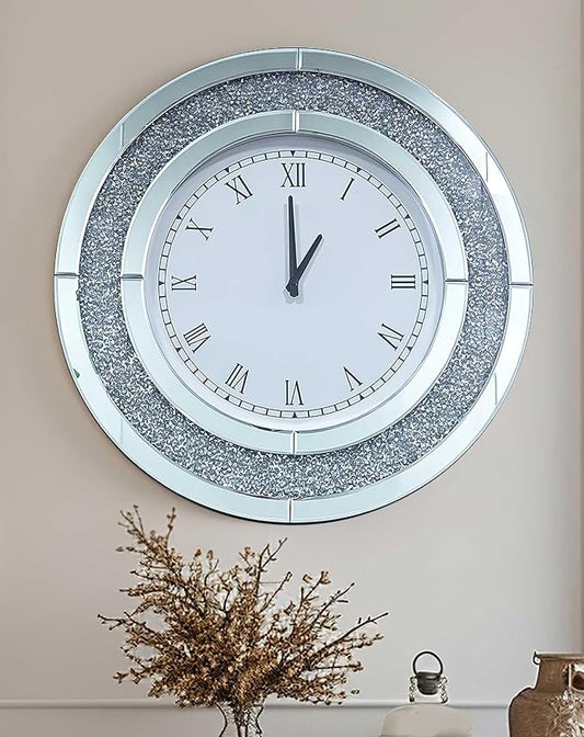 Crushed Diamond Wall Clock Round Decorative Mirrored Clock 24 inch Silver