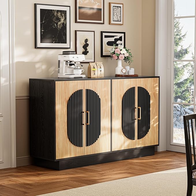 29" Fluted Modular Buffet Cabinet with Storage, Mid Century Modern Sideboard Console Table Credenza w/Adjustable Shelves, Wood Coffee Bar for Living Room/Dining Room/Kitchen/Entryway, Natural