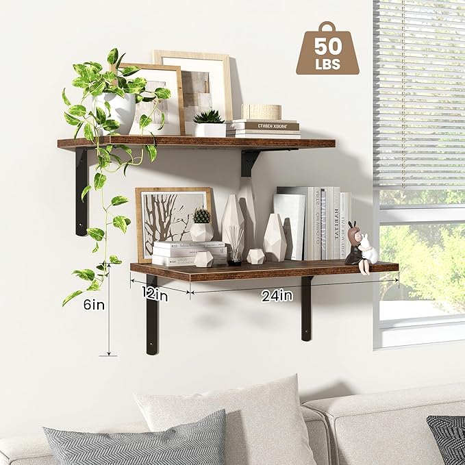 Floating Shelves for Wall, 12 Inch Deep Floating Shelves Set of 2, Wall Mounted Shelf with Metal Brackets, Rustic Wood Shelf for Bathroom, Kitchen and Living Room, Rustic Brown, 24W x 12D
