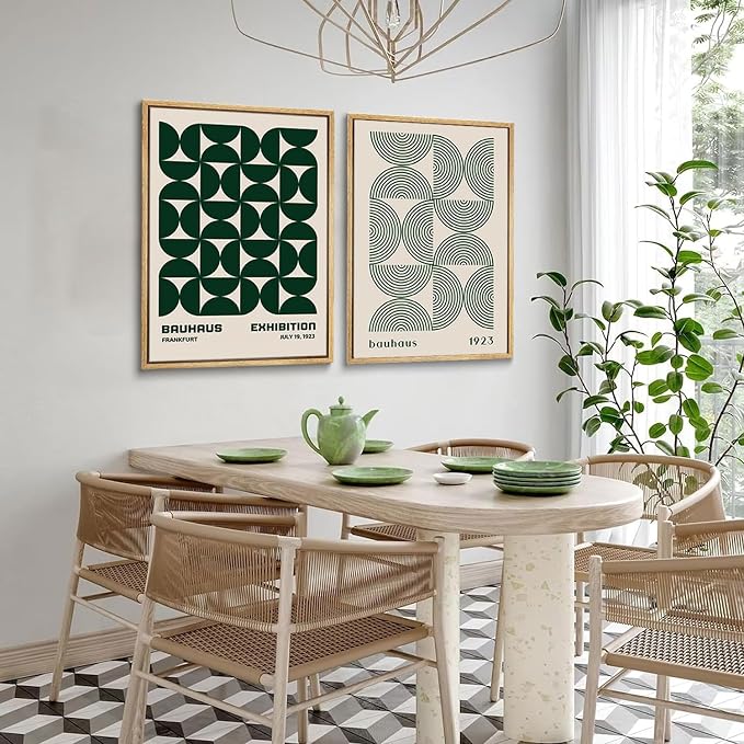 2Pcs Bauhaus Mid Century Modern Wall Art Retro Exhibition Posters Prints Green Boho Geometric Abstract Minimalist Wall Decor Pictures for Bedroom iving Room Dining Room UNFRAMED (Green, 12x16in)