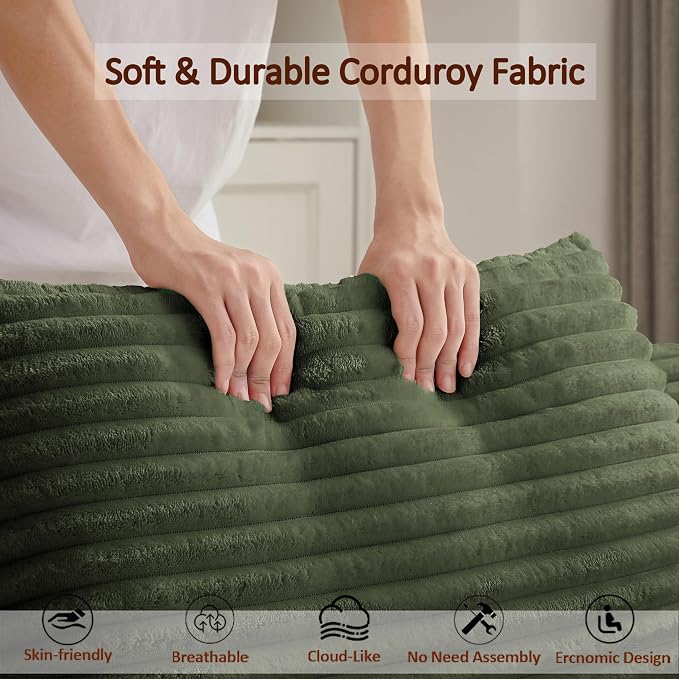 50 Inch Oversized Chaise Lounge Chair Indoor, Corduroy Upholstered Sleeper Sofa Bed with Spring Cushion, No Assembly Lazy Boneless Chaise Lounge for Bedroom Office, Green