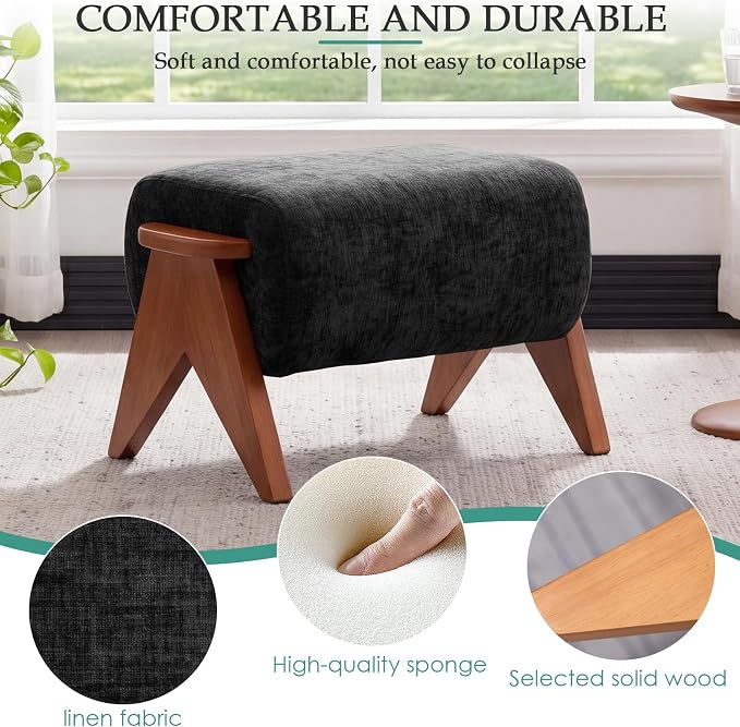 Linen Padded footstools Mid Century Modern Ottoman with Wood Frame, Lounge Upholstered Ottoman, Reading Chair, Sturdy Base, Suitable for Resting Your feet on a Lounge Chair Black