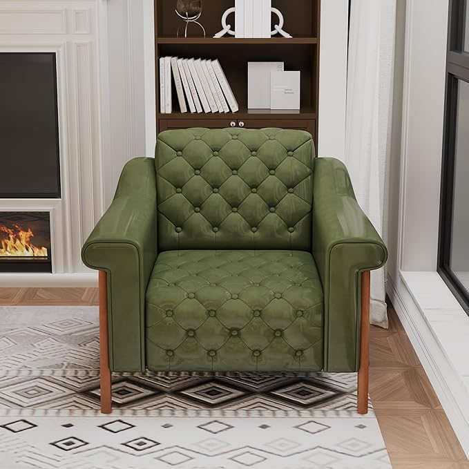 EJUNQ Faux Leather Accent Chair, Mid-Century Modern Armchair, Retro Upholstered Armchair Accent Chair Club Chair for Living Room, Bedroom, Waiting Room, Office, Green