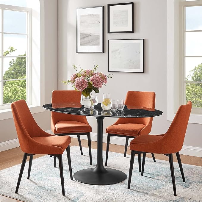 Modway Lippa Oval 60" Mid-Century Modern Artificial Marble Dining Table in Black Black