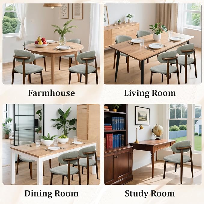 Farmhouse Dining Chairs Set of 4, Mid Century Modern Fabric Upholstered Kitchen Chairs, Wooden Dining Room Chair with Curved Back for Kitchen Dining Room Restaurant Cafe, Light Green (Only Chairs)