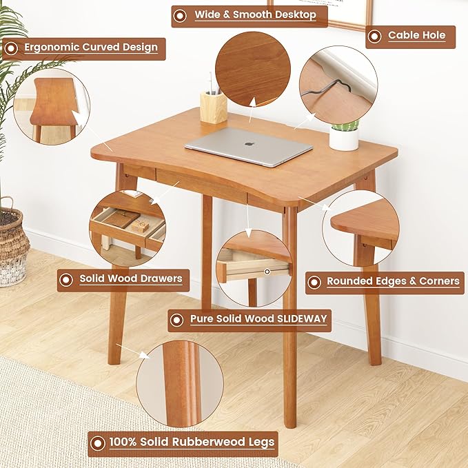 100% Solid Wood Desk with Drawers - 32 x 24 Inch Home Office Computer Desks, Modern Writing Desk with Drawers, Simple Study Table Makeup Vanity - Walnut Vintage Desks