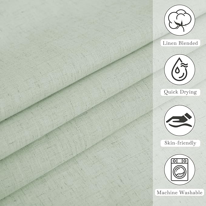 KGORGE Linen Shower Curtain - Semi Sheer Lightweight Button Hole Half Privacy Quick Dry Shower Curtains for Bathroom Bathtub Decor, Sage Green, 72 x 90 inches Long, Hooks Included