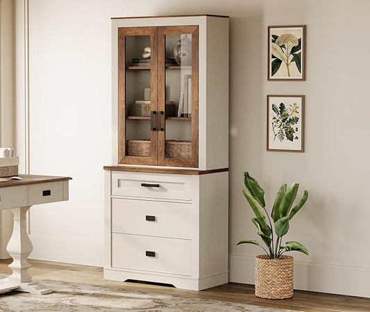 WAMPAT 73.3" Tall Bookcase with Glass Door, 31.5" Wide Rustic Wood Bookshelves with Chest of Drawers, Modern Farmhouse Display Storage Cabinet with Adjustable Shelves for Home,Office,White&Oak