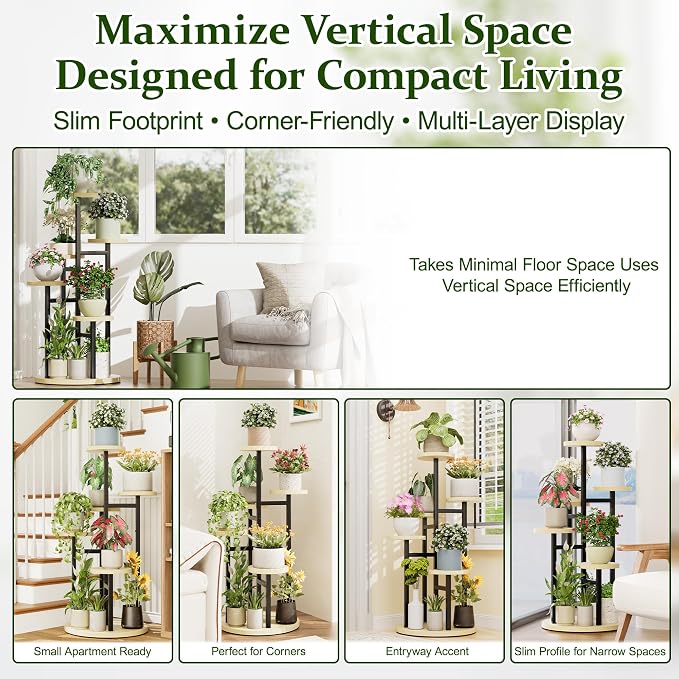 5 Tiers Black Plant Stand Indoor Tall Metal Wood Plant Shelf Outdoor Plant Stands Indoor Plant Table Rack Tiered Plant Stand Garden for Living Room Balcony Patio - RoundLight