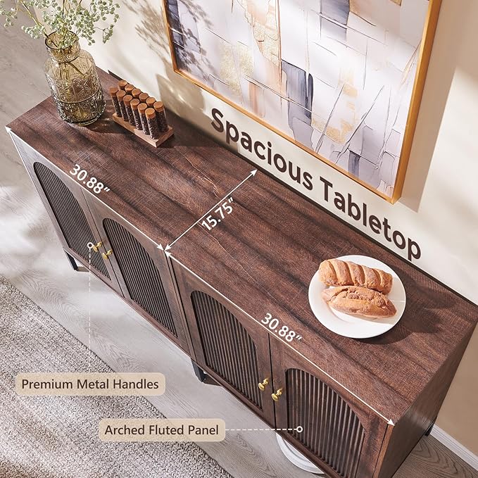 Modern Buffet Cabinet with Storage, 61.75" W Fluted Arched Sideboard Cabinet w/Adjustable Shelves, Wooden Modular Coffee Bar for Dining Room, Kitchen, Living Room, Entryway, Brown