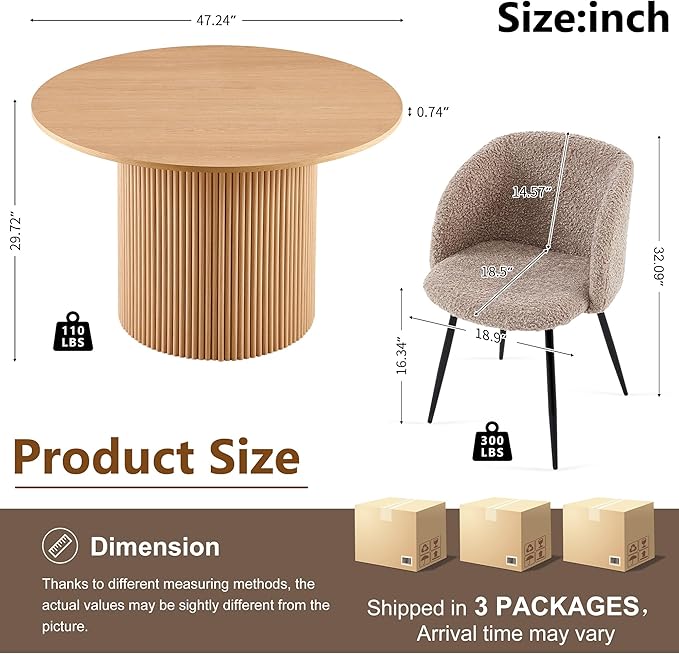 5 Piece Modern Round Dining Table and 4 Brown Barrel Kitchen Chairs Set, 47" Kitchen Coffee Table Wooden with Oak Veneer Tabletop, Faux Fur Sherpa Round Dining Chairs Table Set, Metal Frame
