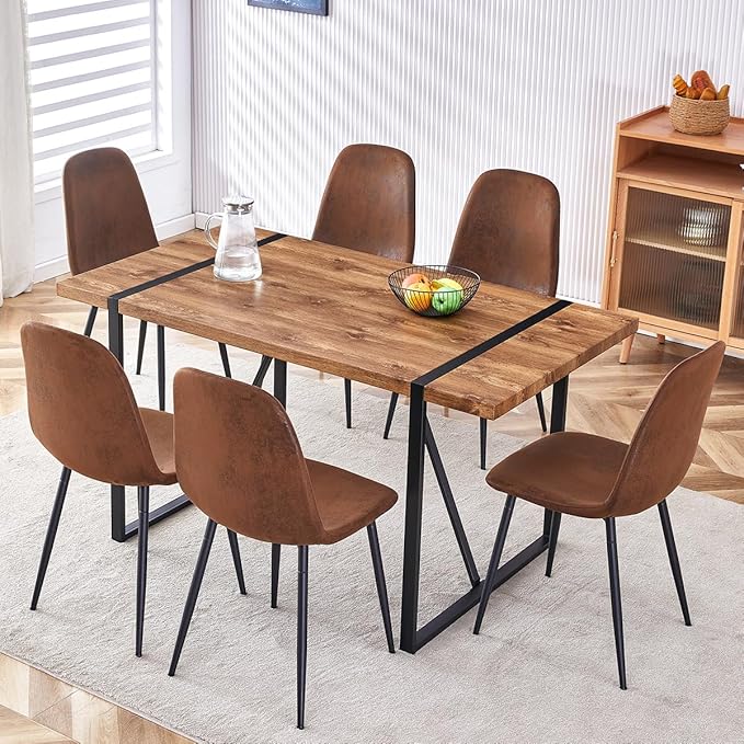 7 Piece Dining Table Set，Dinner Table Set for 6，55'' Kitchen Table and Suede Nap Fabic Chairs Set of 6，6 Chair Dining Table Set for Kitchen Dining Room