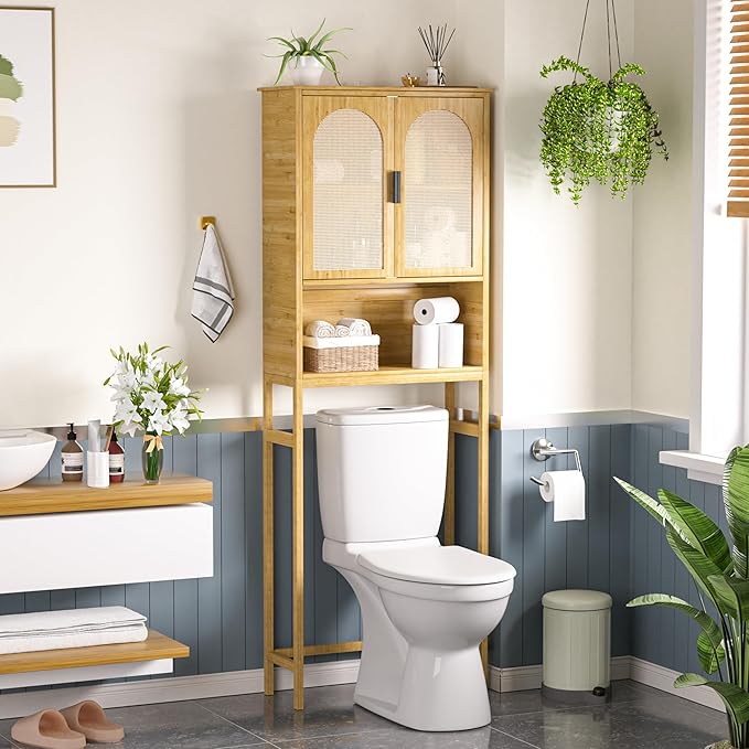 Bamboo Over-The-Toilet Storage Shelf with Inverted U-Shaped Doors, Rattan Surface Bathroom Freestanding Space Saver Organizer with Shelves, Natural