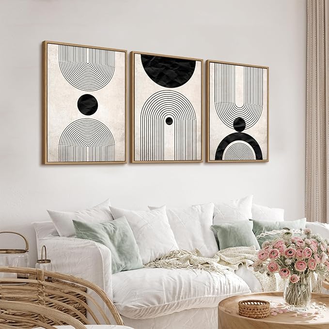Framed Wall Art Canvas Set Mid Century Boho Pictures Modern Abstract Geometric Wall Decor Minimalist Black Beige Bohemian Canvas Painting Artwork for Living Room Bedroom Office 20"x28"x3 Natural