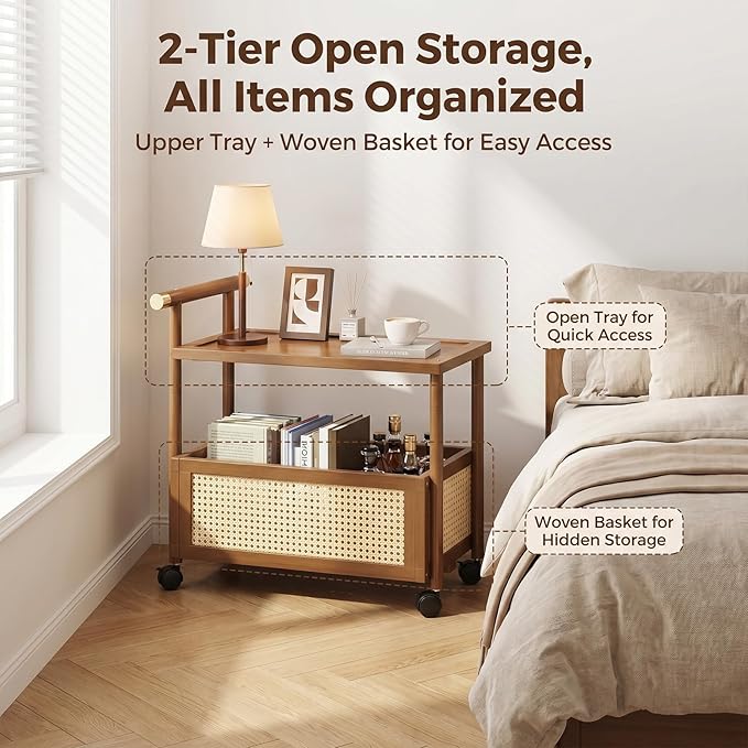 CTESNE【2-Tier Wooden Storage Organizer Shelf】 Bookcase with Wheels & Handle,Storage Shelves for Bathroom, Kitchen, Office, Craft, Makeup