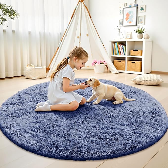 OLANLY Denim Blue Round Rugs for Bedroom - Machine Washable, 7 ft Circle Area Rugs for Living Room, Soft and Fluffy Shaggy Carpet for Teen Girl and Boys, Nursery Rooms, Dorms, Home Decor Aesthetic