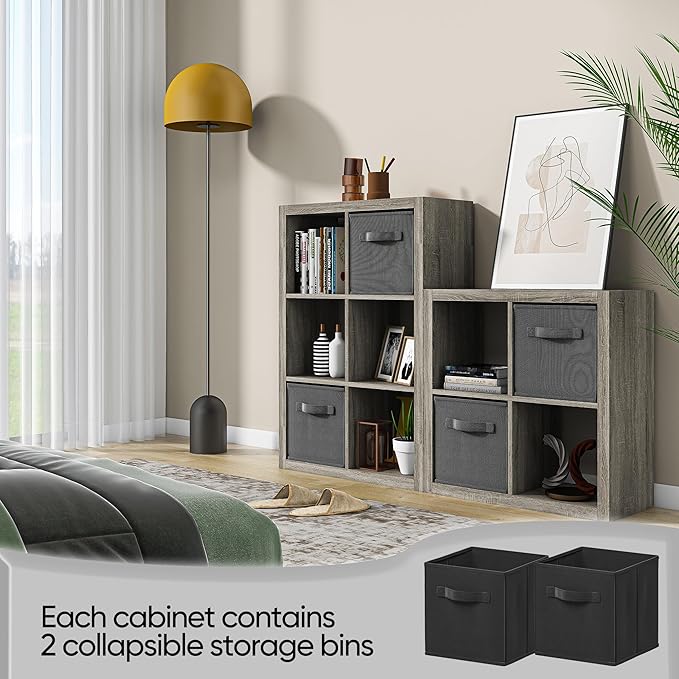 Bookshelf with Storage Bins, 9-Cube Storage Organizer Sturdy Wooden Bookcase Open Book Shelf, Multifunctional Cubicle Rack for Storage & Display, Furniture for Living Room Bedroom Office, Gray Oak