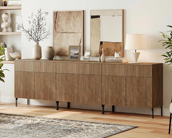 WAMPAT 94.5" W Large Sideboard Buffet Cabinet with Storage,3 in 1 Fluted Sideboard Buffet with 6 Doors, Wooden Buffet Table, Coffee Bar Wine Bar Cabinet for Dining Room, Living Room, Light Walnut