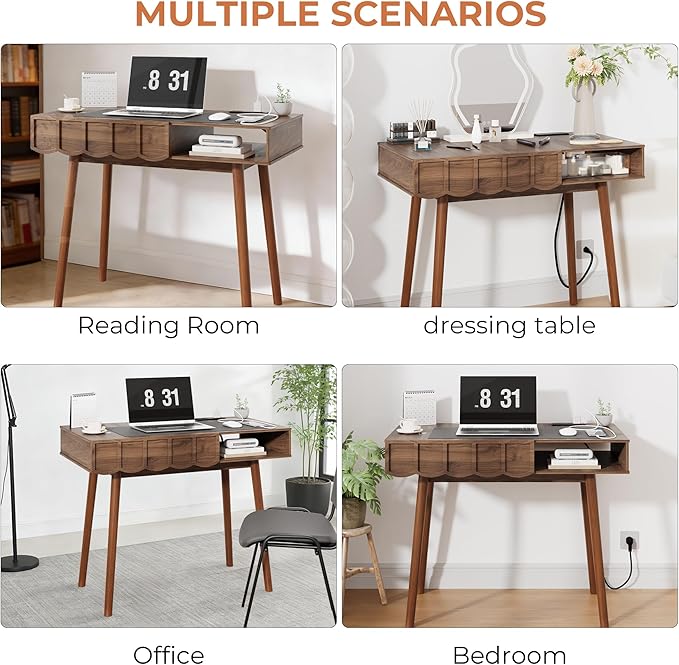 Mid-Century Modern Small Desk, 43" Walnut Writing Desk Computer Laptop Wooden Desks with Open Shelves & Drawer, Elegant Vanity Table Compact Home Office Desk for Study Bedroom Living Room