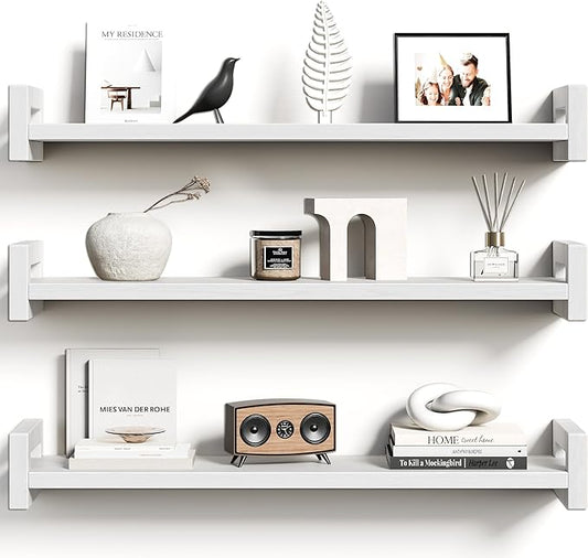 Vailando Floating Shelves for Wall, Set of 3 Solid Wood Wall Mounted Shelves, 23.6" White Display Shelf for Bedroom, Living Room, Bathroom, and Kitchen Decor - Heavy-Duty & Natural Pine