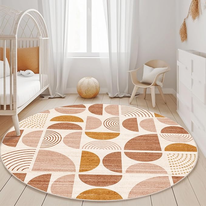 MUJOO Round Rugs 5ft,Circle Area Rug Washable,Circular Rugs for Living Room Dining Room,Boho Non Slip Throw Floor Carpet Modern Abstract Bohemian Orange