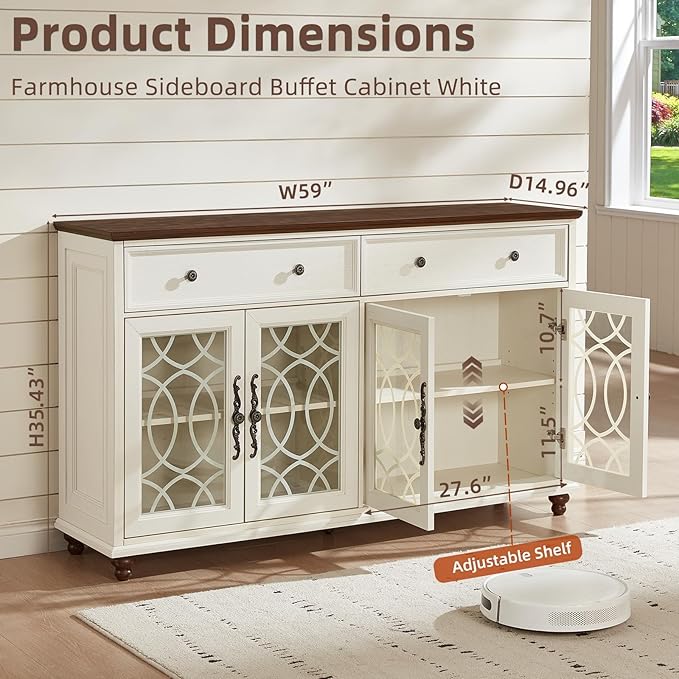 Farmhouse Sideboard Buffet Cabinet with Storage,59" Large Credenza with 4 Glass Doors & 2 Drawers, Wood Kitchen Coffee Bar, Adjustable Shelves Console Table for Dining Room,Living Room,White