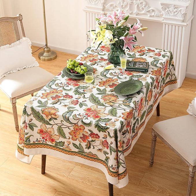patdrea Designer Vintage Linen Rectangle Tablecloth,Provencal Rustic Floral Pattern Tablecloths,Decorative Table Cover Cloth for Kitchen,Dining Room,Tea Party,Home,Christmas,63"*102"