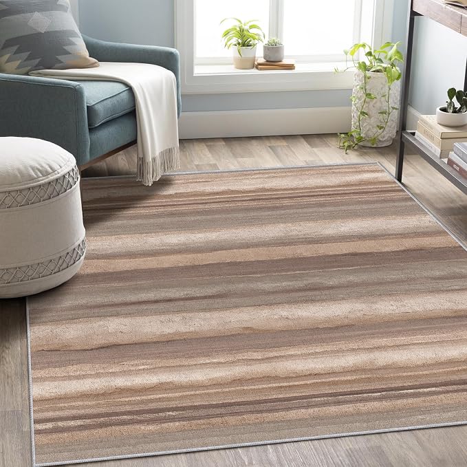 Natural Stripe Rustic Area Rug, Beige Brown Pattern Carpet, Washable Non Slip Low Pile Soft Thin, Living Room Bedroom Dining Room Home Decor Mat 3x5ft(Small)