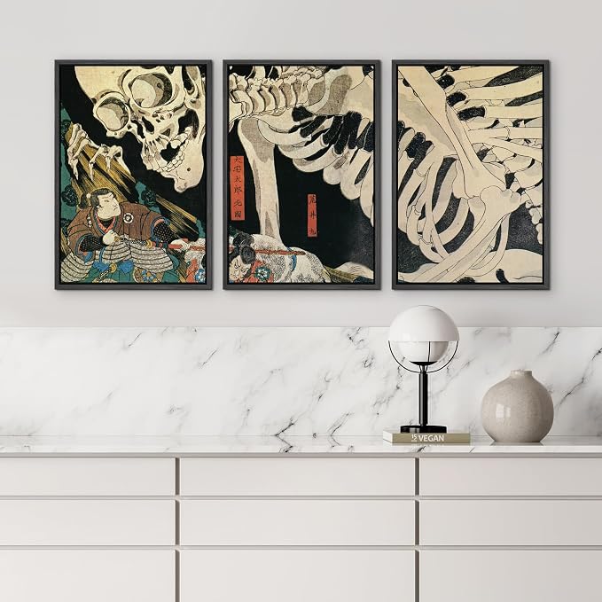 wall26 Framed Wall Art Print Set Witch & Skeleton Ukiyo-E by Utagawa Takiyasha Historic Cultural Illustrations Fine Art Chic Scenic Multicolor for Living Room, Bedroom, Office - 16"x24"x3 Black