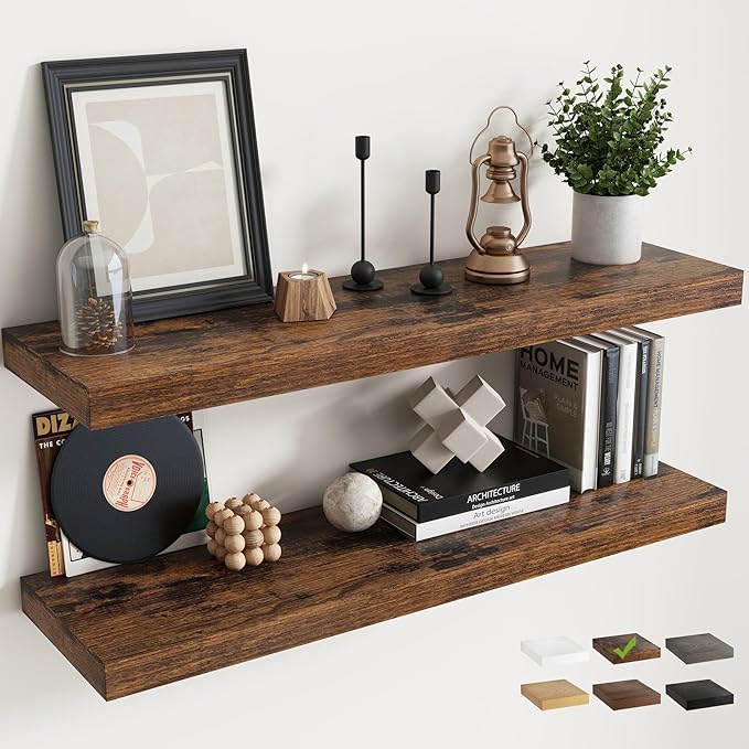 Floating Shelves for Wall with Invisible Brackets, Wall Mounted Engineered Wood Shelves with Wood Grain for Living Room, Bathroom, Kitchen Decor and Storage, Oak, 40"L Set of 2, Rustic Brown