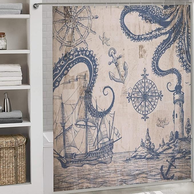Ocean Nautical Shower Curtains,Sailboat Compass Hand Painted Navigation Vintage Nautical Elements Waterproof Shower Curtains for Bathroom Decor 12 Pack Hooks 72x72in (183x183cm)