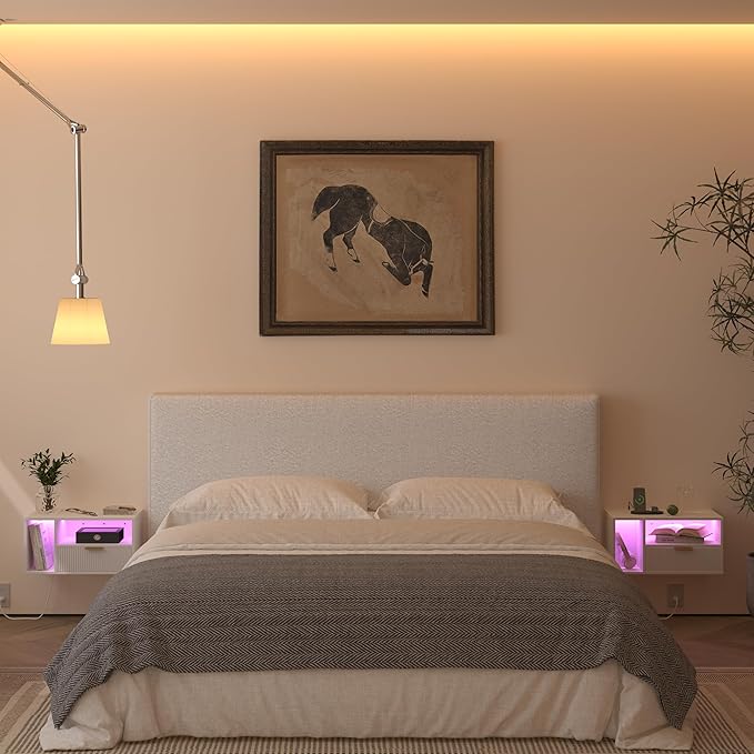 White Floating Nightstand with Charging Station and LED Lights,White