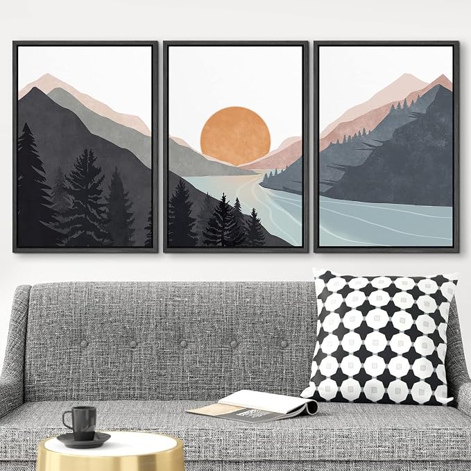 wall26 Framed Canvas Print Wall Art Set Mountain Range Sunlight Horizon Abstract Nature Illustrations Modern Art Nordic Decorative Minimal Boho for Living Room, Bedroom, Office - 16"x24"x3 Black