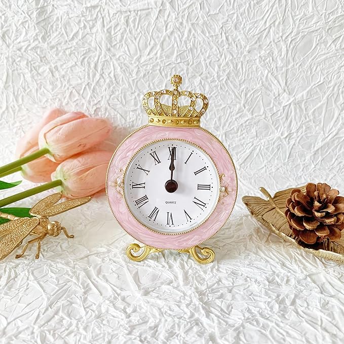 Vintage Mini Analog Table Clock, Silent Crown Table Clock with Hand-Painted Metal Body and Battery Operated Non-Ticking Core for Shelf, Living Room, Bedroom, Bedside, Desk