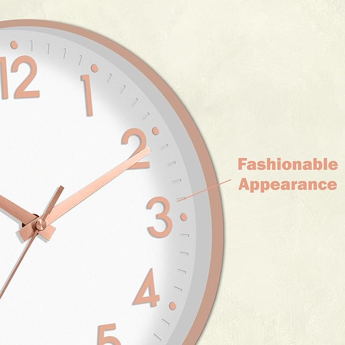 Mosewa Wall Clock 10 Inch, Battery Operated Silent Non-Ticking Modern Analog Clock Decorative for Kitchen, Bedroom, Office(Rose Gold)