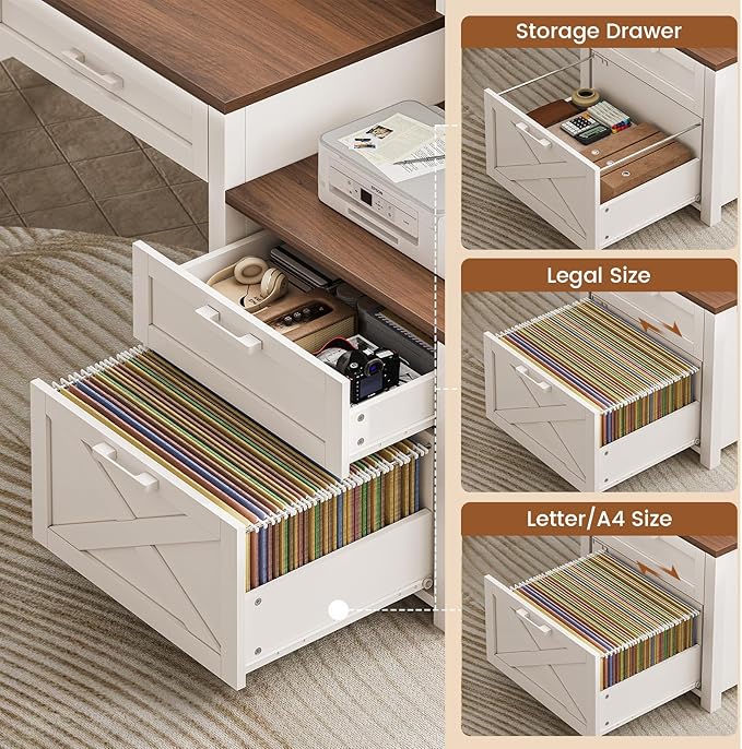 SEDETA Farmhouse Home Office Desk with File Drawer & Power Outlet, Computer Desk with 4 Drawer, Storage Shelves, Printer Cabinet and Monitor Shelf, Gaming Desk with Led Lights, White Brown