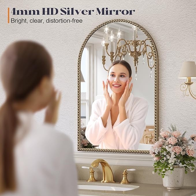 Arched Beaded Mirror for Bathroom, 24"x32" Antique Gold Arch Vanity Wall Mirror, Retro Brass Metal Frame Champagne Bronze Mirrors for Bedroom Dressing Room Entryway Fireplace