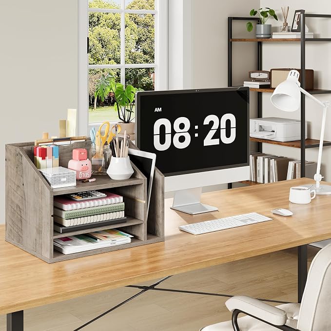CHOEZON Wooden Desk Organizer with Adjustable Partitions, Multi-Layer Desktop File Holder for Home Office, Paper & Stationery Storage Organizer, Greige MWJ04FH