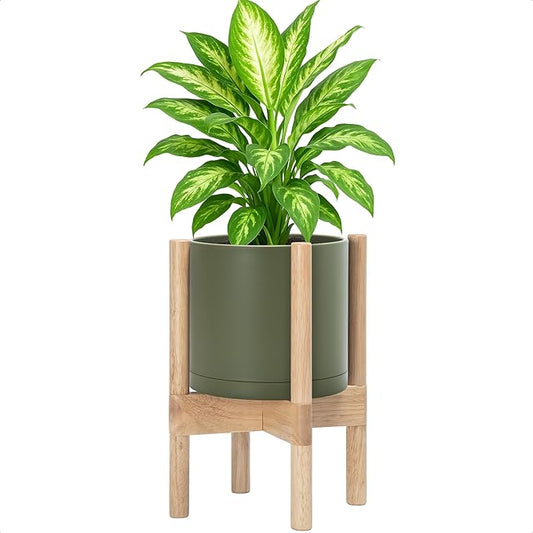 D'vine Dev Planter Pot with Stand - 8 Inch Plastic Cylinder Flower Pot with Wood Planter Holder for Indoor, Olive Pot + Natural Stand, 55-C-J-3