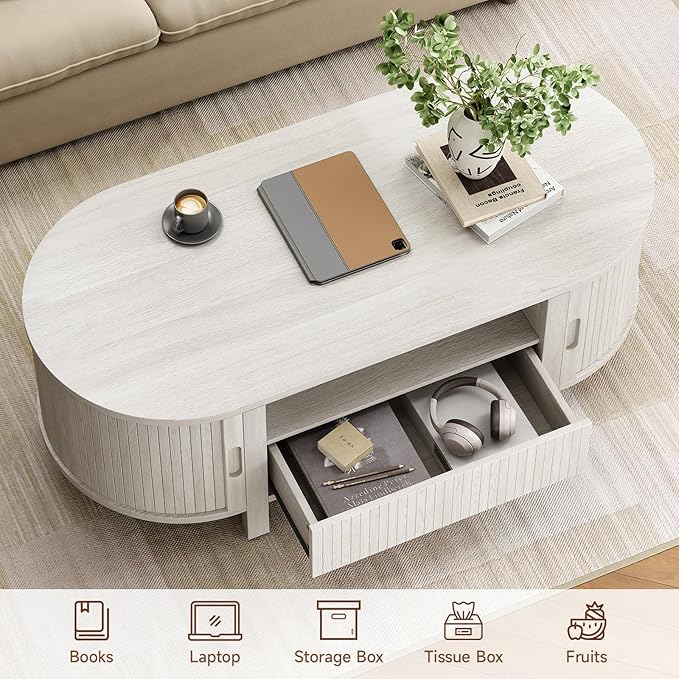 ONBRILL 47.2 Inch Oval Coffee Table with Storage, Mid Century Modern Coffee Table with Drawer, Center Table with Sliding Door and Wood Fluted Handle for Living Room, Natural White