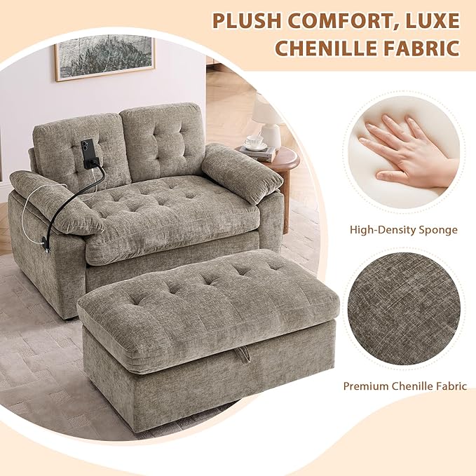 Oversized Chaise Lounge Chair Indoor, Double Convertible Recliner Reading Arm Sofa Chair W/Adjustable Backrest & Charging Port Couch Bed for Living Room, Home Theater & Bedroom, Brown