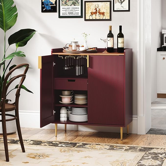 ARTPOWER Coffee Bar Cabinet with Wine Racks, Red Liquor Cabinet with Fluted Texture, Modern Sideboard Buffet Cabinet for Kitchen Dining Room, Living Room