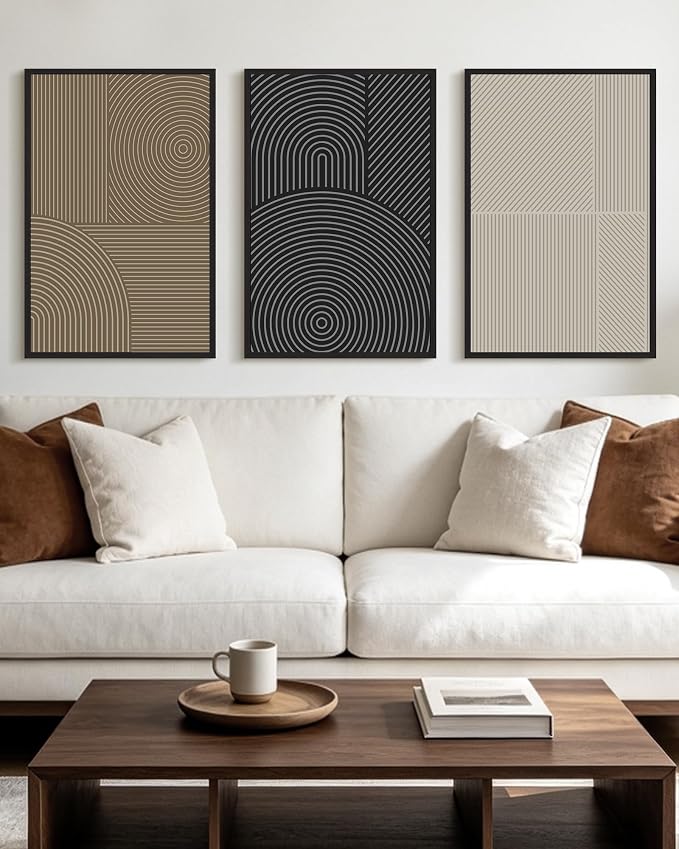 KUVIOKE Minimalist Abstract Boho Framed Wall Art Modern Mid-Century Bohemain Neutral Line Wall Decor Geometric Artwork Bedroom Decor 16x24in (Black Framed)