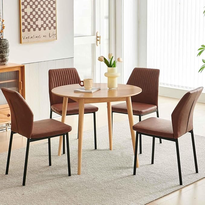 Small Dining Table Set for 4, Modern Round Dining Table with 4 PU Leather Dining Chairs in Metal Legs, Breakfast Nook for Compact Spaces, Brown