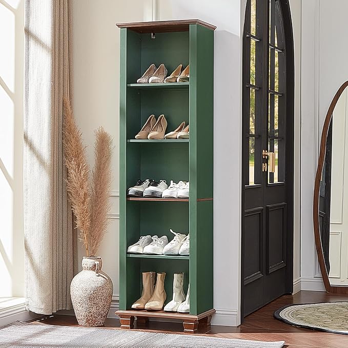 SAVOR LIFE Narrow Green Book Shelf, 70" Tall Skinny Bookshelf with Adjustable Shelves & Wooden Legs, Farmhouse Wood Bookcase w/5-Tier Open Storage, Free Standing Book Case for Office, Living Room