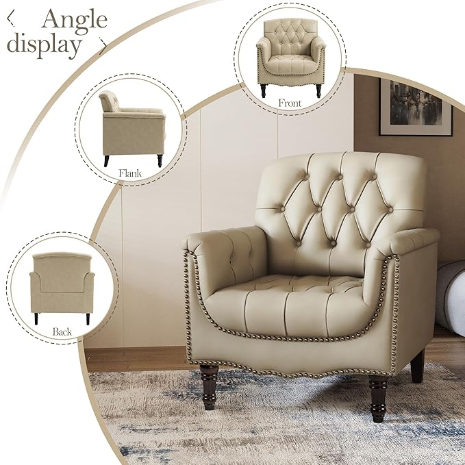 Pia Ricco Modern Tufted Accent Chair, Single Faux Leather Armchair with Nailhead Trim & Wood Legs, Comfortable Upholstered Seat for Living Room, Office - Beige