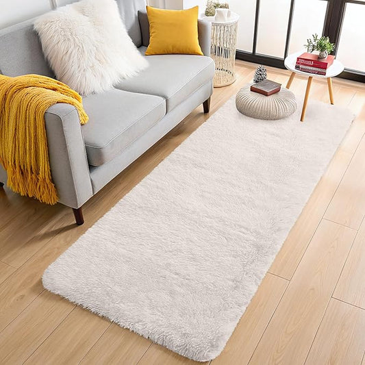 OLANLY 2x12 Machine Washable Runner Rugs for Hallway, Soft Fluffy Shaggy Bedside Rugs for Bedroom, Living Room, Indoor Floor Carpet for Kids Girls and Boys, Nursery Rooms, Home Decor Aesthetic, Ivory