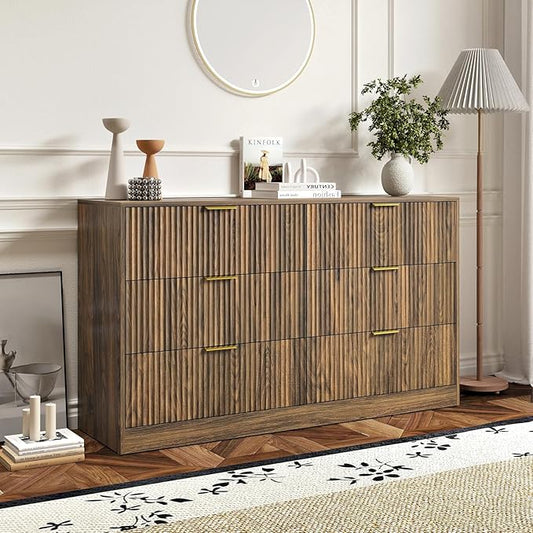 6 Drawers Fluted Dresser for Bedroom, 55" Wide Wooden Dresser with Deep Drawers, Large Floor Chest of Drawers, Modern Long TV Stand, Storage Cabinet Side Table, Walnut