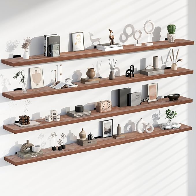 72-Inch Solid Brown Floating Shelves Set of 4- Rustic Farmhouse Wall Shelves with 600 lb Capacity, Heavy Duty Easy Install for Bathroom, Kitchen, Living Room&Home Decor