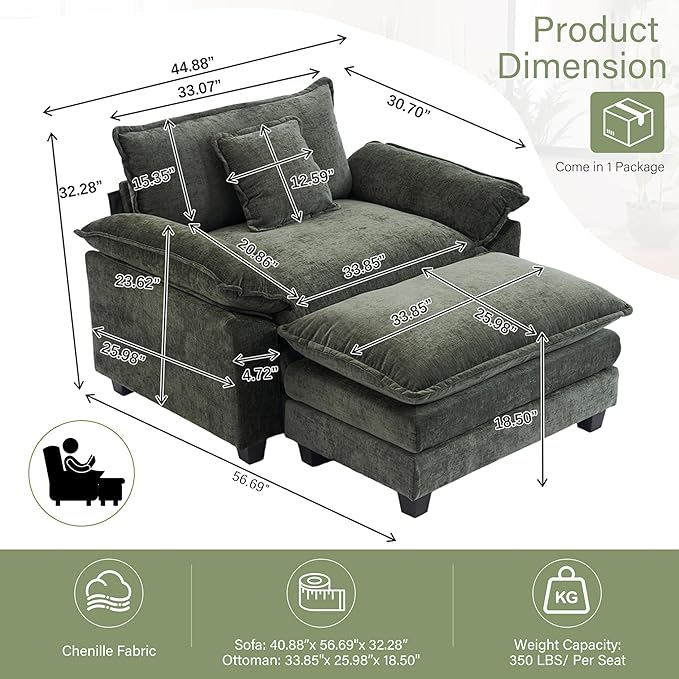 Winterstorm Chenille Oversized Chair with Ottoman - 44" W Large Comfy Accent Chair and Ottoman Set, Modern Single Cloud Chaise Lounge for Indoor Living Room (Green)